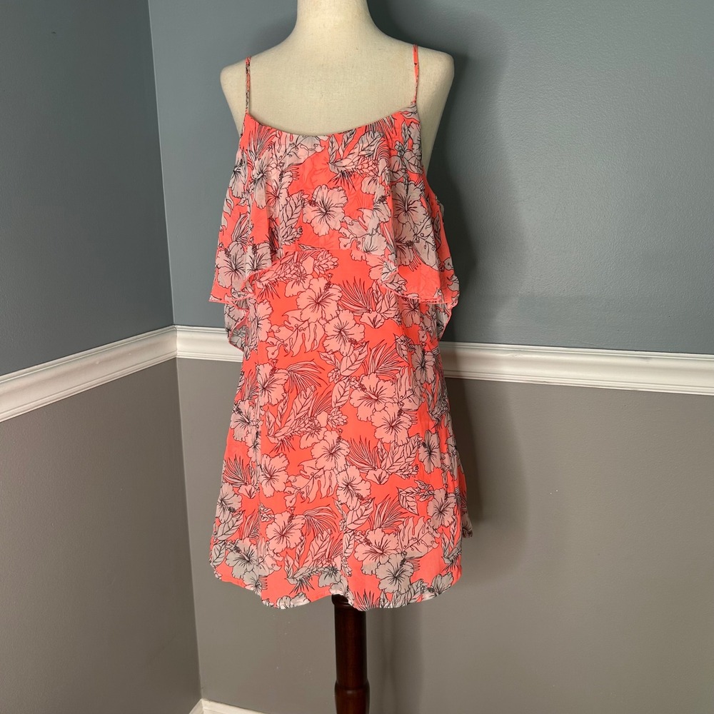 Aeropostale Womens Neon Coral Hibiscus Floral Ruffle Cami Dress Small‎